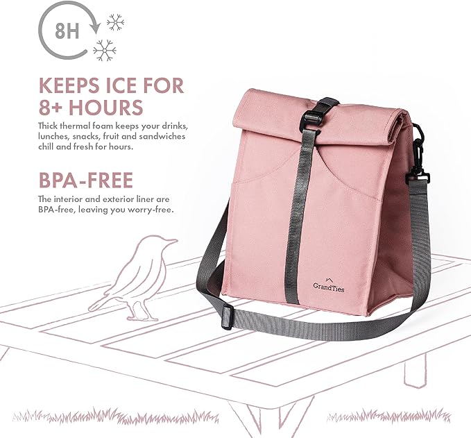 GRANDTIES Insulated Lunch Bag for Women, Men, Adults - Rolltop Leak Proof Meal Prep Lunch Box Containers, Reusable Snack Bags, Travel Cooler, Small Soft Cooler Bag, Fold Top Sandwich Bags, Pink
