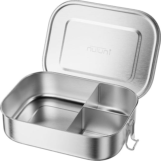 1400ML Stainless Steel Bento Box for Adults, 3-Compartment Metal lunch box with Lockable Clips, 47oz Leak-Proof Food Container for Work, Travel, Dishwasher Safe
