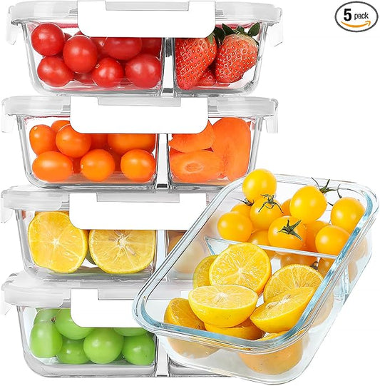 30 oz 5 Pack Glass Meal Prep Containers 2 Compartments, Glass Food Storage Containers with Lids, Airtight Glass Lunch Box, Microwave, Oven and Freezer Safe, White