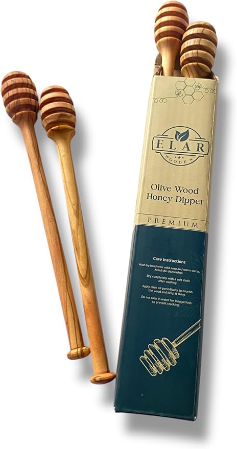 Set of 2 Olive Wood Honey Dippers, 7 Inch – Handcrafted Natural Wooden Honey Server – Food Safe