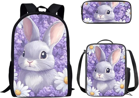 Dolyues Purple Flower Rabbit Girls' Backpack Set 17-Inch Lightweight Backpack, Double Compartment Lunch Bag & Organizer Pencil Case - Ages 5-10