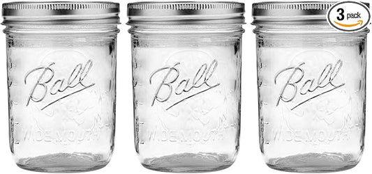 Ball Wide Mouth Glass Mason Jars with Lids and Bands, Used for Canning, Pickling, Juice, Jam, Jelly, Pint Size 16 Ounce (Pack of 3)