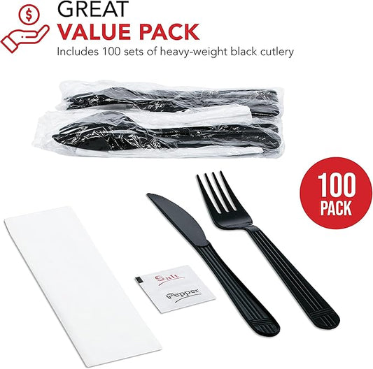 Party Essentials Individually Wrapped Black Plastic Utensil Sets/Heavy Duty Flatware Packs, Fork/Knife/Napkin/Salt/Pepper, 100 Sets