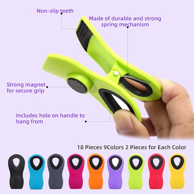 18 Pack Bag Clips with Magnet,Chip Clips Bag Clips Food Clips,Bag Clips for Food Storage,Magnet Clips,Magnetic Bag Clips for Bread Bags,Snack Bags,Food Bags,Clips for Fridge,9 Assorted Bright Colors