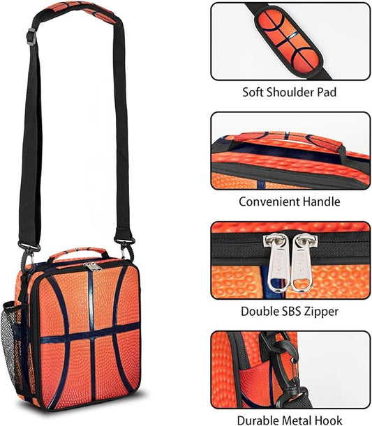 Bardic Basketball Lunch Box for Kids, Texture Ball Sport Insulated Lunch Bag for Boys Girls, Reusable Waterproof Lunch Box with Adjustable Shoulder Strap Cooler Tote Bag for School, Work, Picnic…