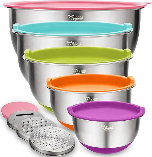 Wildone Mixing Bowls with Lids Set, 5PCS Stainless Steel Colorful Nesting Bowls with 3 Grater Attachments, Measurement Marks & Non-Slip Bottoms, Size 5, 3, 2, 1.5, 0.63 QT, Great for Mixing & Serving