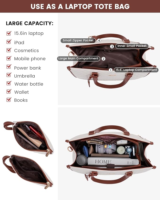 LOVEVOOK Lunch Tote Bag for Women, 15.6 Inch Laptop Bag with Insulated Lunch Compartment, Quilted Large Capacity Computer Handbag with Purse for Business, Work, Collage, Office, Casual, Beige-brown