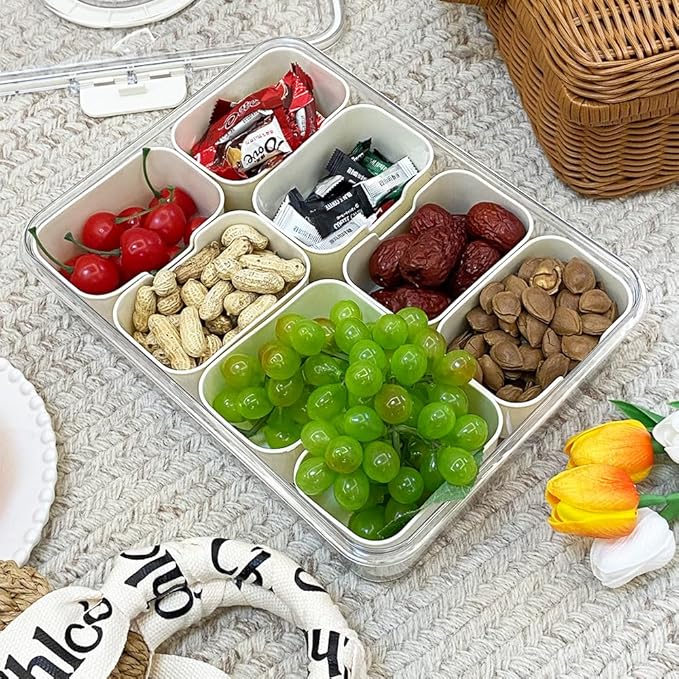 JOSUCLEN Plastic 8-Compartment Containers | Travel, Car, Charcuterie | Divided, with Lid and Handle | Fruit, Candy, Veggie, Vegetables, Nuts