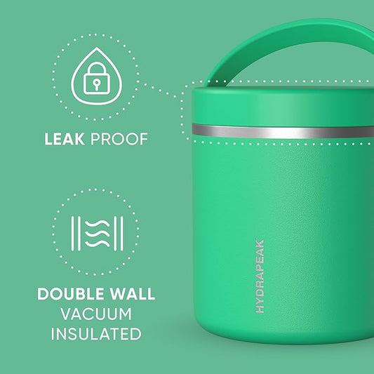 Hydrapeak 25oz Stainless Steel Vacuum Insulated Thermos Food Jar | Thermos for Hot Food and Cold Food, Wide Mouth Leak-Proof Soup Thermos for Adults, 10 Hours Hot / 16 Hours Cold (Jade)