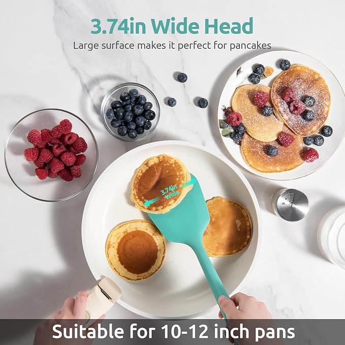 18/8 Stainless Steel Measuring Spoons Set for Dry and Liquid Ingredients (Set of 9), and 600℉ Heat Proof Long & Wide Silicone Solid & Slotted Turner Set of 2 for Egg, Pancake (Aqua Sky)