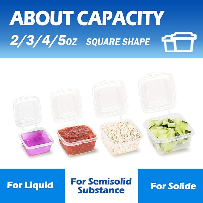 2/3/4/5oz Food Storage Containers with Lids Kits (200 pack), Small Plastic Containers with Lids, Disposable Condiment Portion Cups, Jello Shot Sauce Cups (Square)