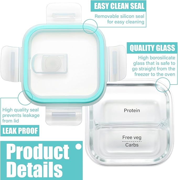 4 Pack Glass Portion Control Bariatric Containers with Lids and 4 Set Knives Forks Spoons Flatware Set Food Containers for Adults Diet Balanced Eating Weight Loss Serving Plan