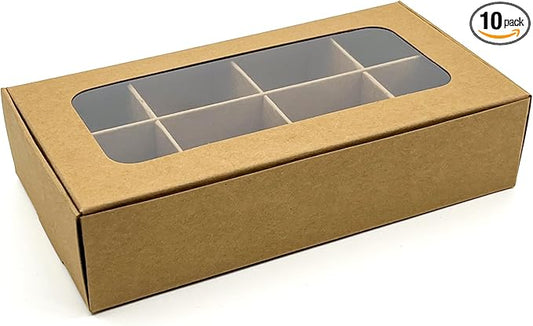 Treat boxes with window and dividers | 8 X-SMALL compartments | 6.75 x 3.5 x 1.57 in | Empty candy boxes for gift giving, truffle box - perfect for Valentine's Day | 10-pack (Kraft)