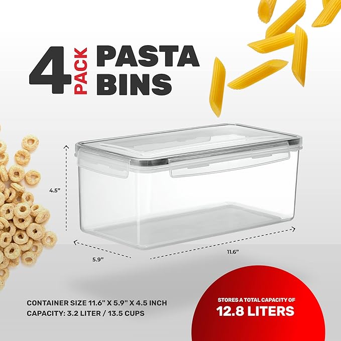 Airtight Food Storage Containers Set of 4 - Pasta storage Containers for Pantry Organization and Storage, BPA Free Spaghetti Container, Air Tight House Kitchen Storage Containers With Lids