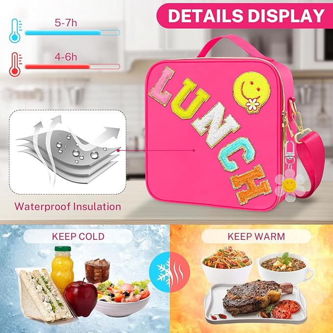 Lunch Box for Girls Women, Preppy Lunch Box for Teen Girls， Insulated Girls Lunch Bag for Kids, Large Reusable Cute Cooler Bag with Adjustable Shoulder Straps,Perfect for School Travel Picnic（Pink）