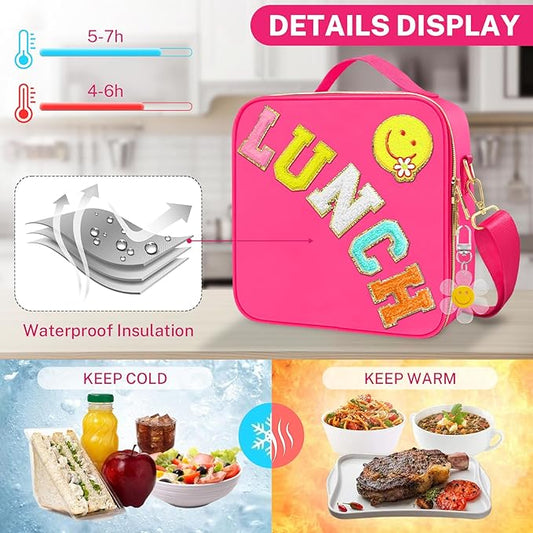 Lunch Box for Girls Women, Preppy Lunch Box for Teen Girls， Insulated Girls Lunch Bag for Kids, Large Reusable Cute Cooler Bag with Adjustable Shoulder Straps,Perfect for School Travel Picnic（Pink）