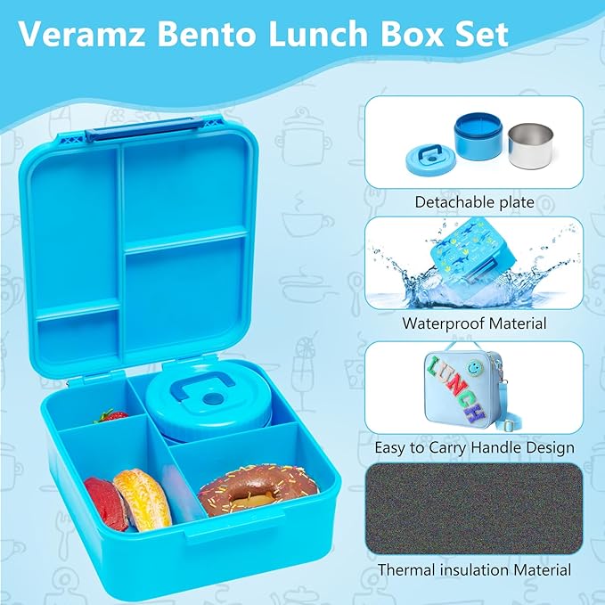 Bento Lunch Box for Kids with 8.5oz Soup Thermo, Kids Leakproof Lunch Food Containers with 4 Compartment, Blue Nylon Insulated Lunch Bag Adjustable Strap for Girl Teens School Travel Picnic