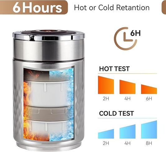 67 oz Adults Stainless Steel Vacuum Insulated Wide Mouth Soup Food Thermos Hot Food Jar with Keep Thermal Portable 3 Tier Stackable Bento Hot Food Containers Lunch Boxes (Silver)