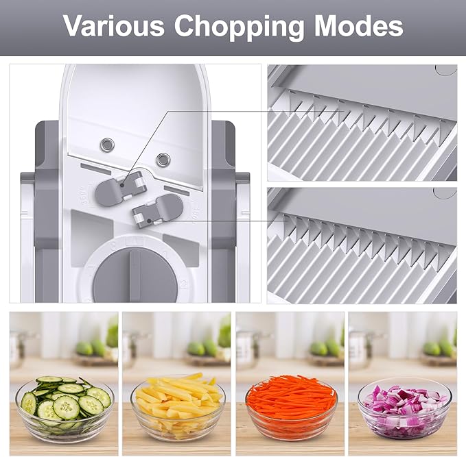 Safe Mandoline Slicer for Kitchen, Adjustable Thickness 0.1-8 mm, 5 in 1 Multi Vegetable Chopper, Potato Slicer, Food Chopper French Fry Cutte, with Paring Knife/Cleaning Brush, Mandolin (LightGrey)