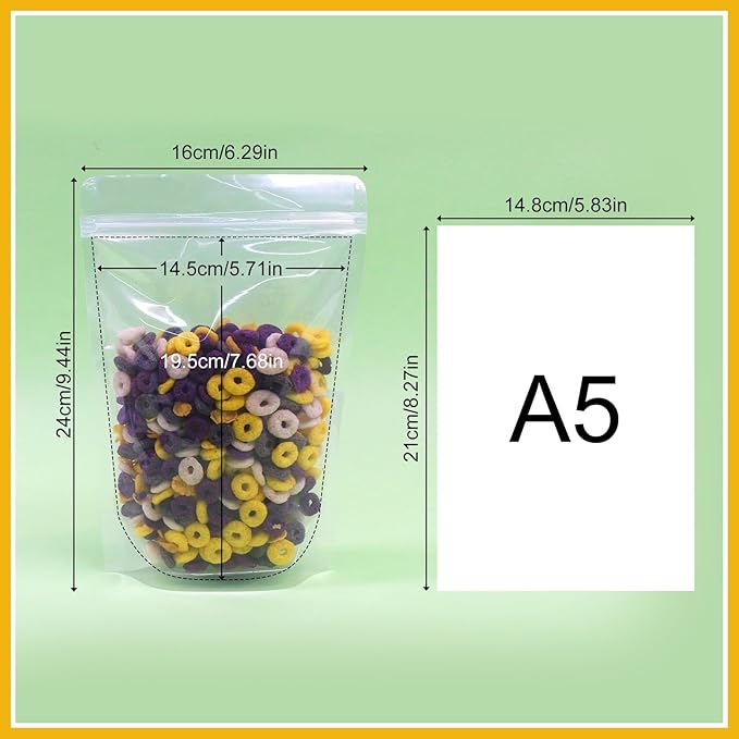 SumDirect 100pcs 9.4x6.3 Inches/24x16cm Clear Stand Up Food Bags, Zipper Stand-up Reusable Sealing Food Pouches Snack Packing Bag with Tear Notch Heat Resealable for Storing, Cookie, Tea and Drink