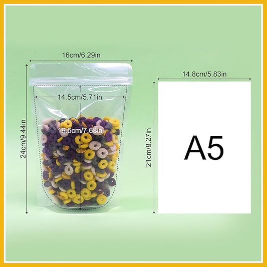 SumDirect 100pcs 9.4x6.3 Inches/24x16cm Clear Stand Up Food Bags, Zipper Stand-up Reusable Sealing Food Pouches Snack Packing Bag with Tear Notch Heat Resealable for Storing, Cookie, Tea and Drink