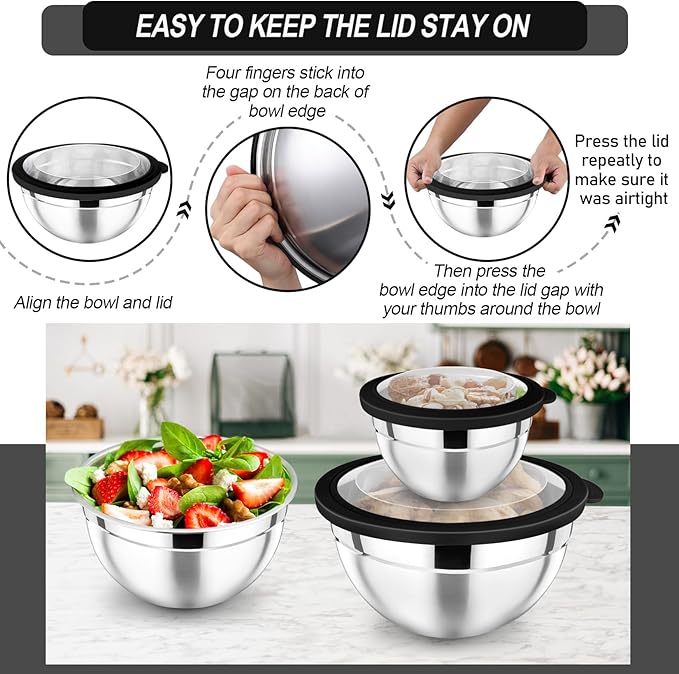 P&P CHEF Mixing Bowl with Lid Set, Stainless Steel Nesting Salad Bowls for Cooking Serving Prepping, Clear Lids & Stackable Design, Size 4.6, 3.5, 3, 2, 1.5, 1, 0.7 Qt - Black, Set of 7