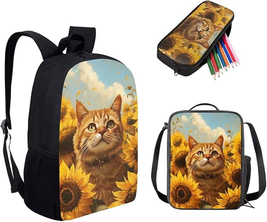 Dolyues Sunflower Cat Girls' Backpack Set 17-Inch Bookbag, Matching Lunch Tote & Sparkling Pencil Pouch Functional & Elegant for School or Travel