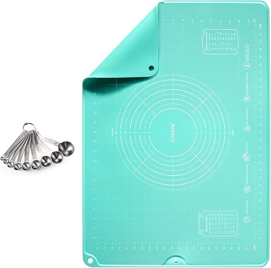 18/8 Stainless Steel Measuring Spoons Set for Dry and Liquid Ingredients (Set of 9), and 20inx28in Large Silicone Pastry Mat Food-Grade Non-Stick Dough Rolling Mat (Aqua Sky)