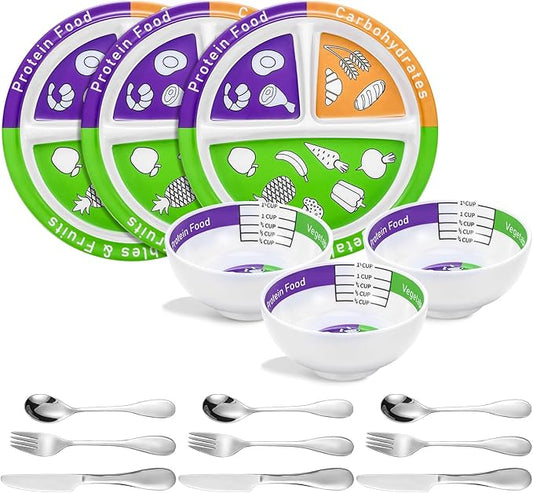 6 Pcs Bariatric Portion Control Set with 3 Bariatric Plates 3 Portion Control Bowls and Stainless Steel Flatwares for Adults Diet Balanced Eating Weight Loss Serving Plans(Simple)