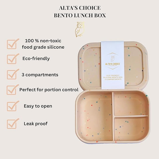 ALTA'S CHOICE SILICONE BENTO LUNCH BOX (IVORY). Leak-Proof Lunchbox, 3 Compartments. BPA, Phthalate, Lead, & PVC Free. Bento Lunch Box for Kids and Adults. Microwave, Dishwasher Safe, Reusable.