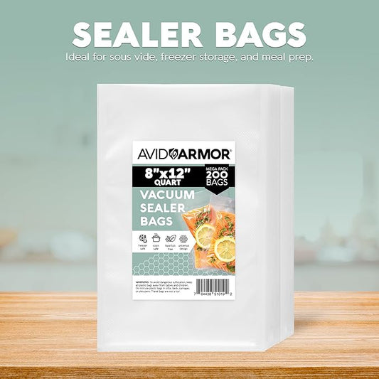 Avid Armor Vacuum Sealer Bags 200 Quart 8x12" For Food Saver, Commercial Grade, BPA Free, Heavy Duty, Pre-cut, for Vac Storage, Meal Prep, Sous Vide, or Dehydrated Freeze Dried Foods