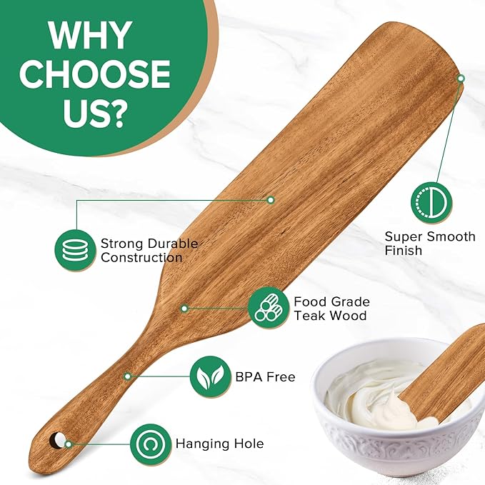 Teak Wood Sourdough Bread Baking Supplies,13.2” Wooden Spatula Spoons Utensil Set for Cooking, Skinny Spurtles for Sourdough Starter Jar Reaching, Mixing, Stirring Spreading Essentials Tools,2 Pcs