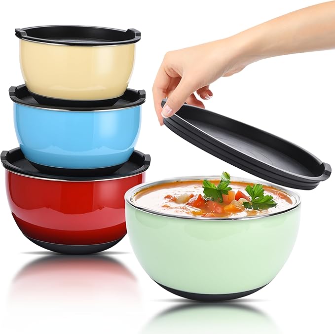 Bruntmor Double Wall Stainless Steel Mixing Bowls with Airtight Lids (Set of 4) Nesting Bowls for Space Saving Storage - Non-Slip Bottoms for Stability - Mixing Bowl Set For Cooking