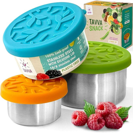 Stainless Steel Lunch Containers for Kids [12oz/ 7oz/ 3oz] - BPA-Free Metal Lunchbox with Leakproof Silicone Lids - Lunch Box for Kids - Small Snack Food Containers with Lids - Dishwasher Safe