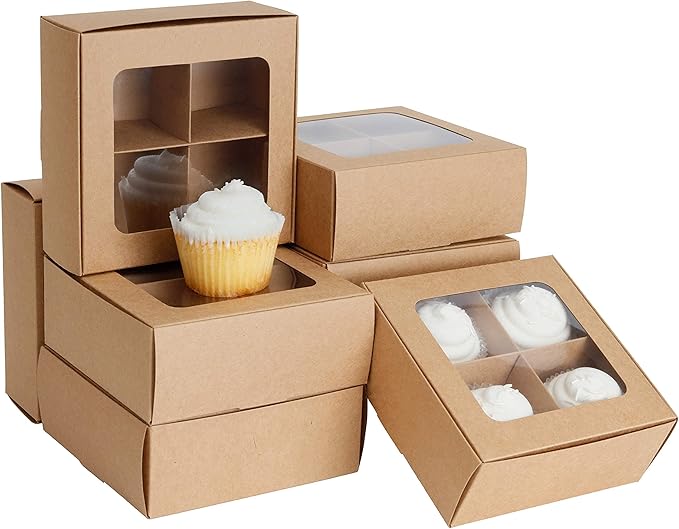 Treat boxes with window and dividers | 4 MEDIUM compartments | 6 x 6 x 2.4 in | Valentine treat boxes, baked goods packaging, box for cookies, pastry packaging | 24-pack (Kraft)