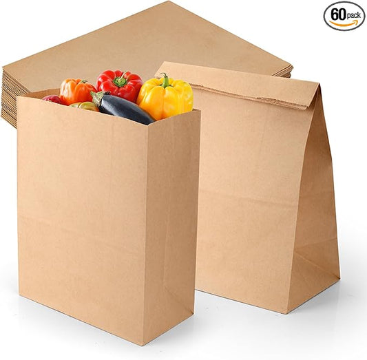 16 Lb Brown Kraft Paper Bags 60 Pcs Bulk, 9.8" x 5.5" x 13" Heavy Duty Paper Grocery Bags paper Lunch Bag Sandwich Bag for Large Snacks, Bakery, Household, Shopping and Restaurant, Takeout