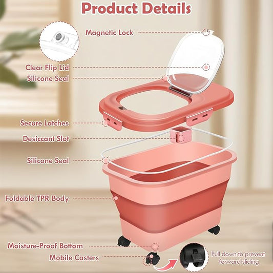 Rice Storage Container, 20Lbs Flour Container, Airtight Large Pet Dog Cat Food Storage Dispenser Bin with Wheels, Scoop & Measuring Cup, Collapsible Kitchen Dry Food Holder for Rice Cereal Kibble