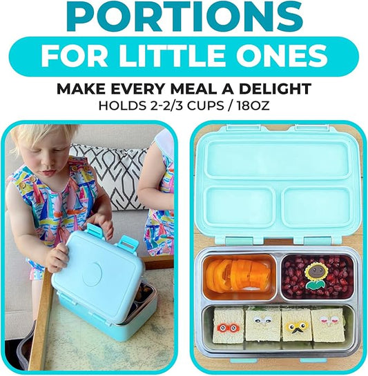 kinsho Stainless Steel Lunch Box for Baby or Toddlers Boys Girls, Insulated Mini Bento, 3 Eco Metal Portion Sections Leakproof Lid, Pre-School Daycare Lunches, Kids Spill-Proof Snack Container, Green