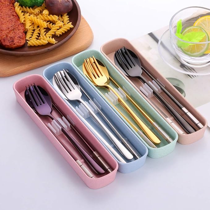 3 PCS Stainless Steel Travel Camping Flatware Set Fork Spoon Chopsticks with Portable Case, Gold