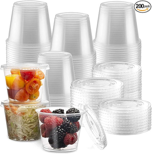 Jello Shot Cups with Lids, 5.5 oz Plastic Portion Cups with Lids, BPA-Free Disposable Condiment Dipping Sauce Cups, Leak-Proof Small Containers for Salad Dressing, 200 Count