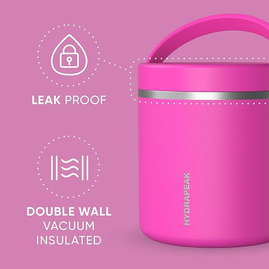 Hydrapeak 25oz Stainless Steel Vacuum Insulated Thermos Food Jar | Thermos for Hot Food and Cold Food, Wide Mouth Leak-Proof Soup Thermos for Adults, 10 Hours Hot and 16 Hours Cold (Fuchsia)