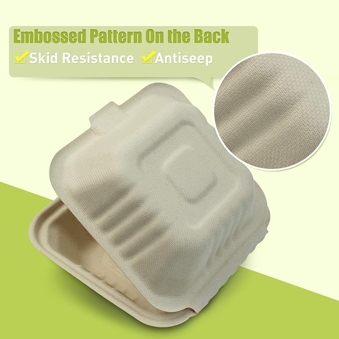 Green Earth, 6-inch, 125-Count, Ribbed Hamburger Compostable Clamshell, BAM Ware (Bamboo Fiber), Take-Out/to-Go Food Boxes - Biodegradable Containers, Hinged Lid Microwave-Safe Gluten-Free