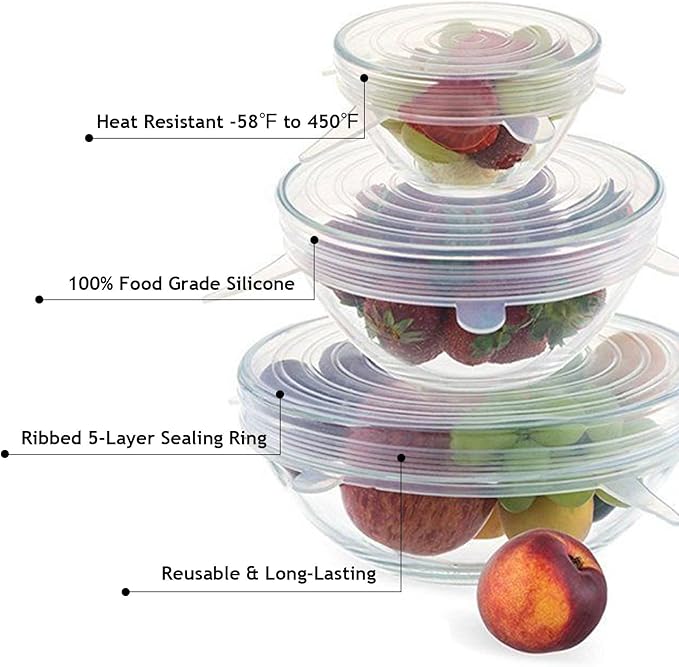 12 PCS Reusable Stretch Silicone Lids for Food Storage, Heat-Resistant Silicone Bowl Covers for Cup, Cans, Jars, Universal Food Grade Silicone Lid for Round Container (6 Different Sizes)