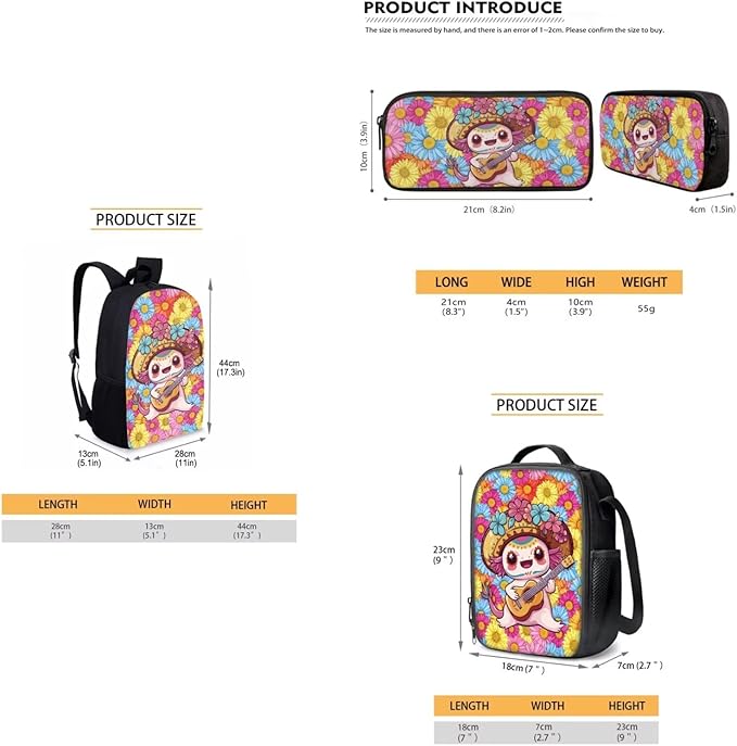 Dolyues Colorful Flower Axolotl Girls' Cute Backpack Set with Insulated Lunch Box & Pencil Case - Perfect for Kindergarten, Elementary & Middle School