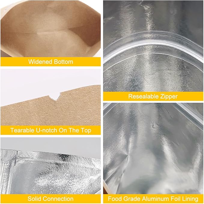 SumDirect Kraft Stand Up Pouches - 50 Pack 7x12 Inch Zipper Food Storage Reusable Bags with Foil Lined for Home or Business