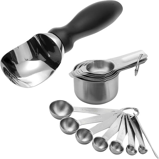 Spring Chef Premium Ice Cream Scoop, Black & Stainless Steel Round Measuring Cups and Spoons, Set of 15-2 Product Bundle