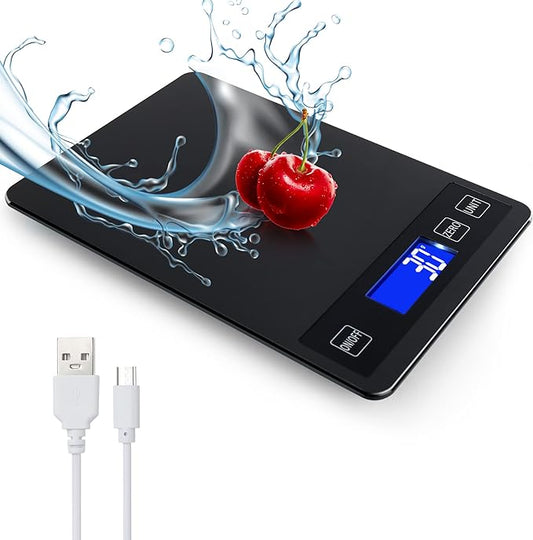 33lb Food Kitchen Digital Scale,1g/0.05oz Precise Graduation, USB Charging Kitchen Scale, Waterproof Stainless Steel with LCD Display, Ounces and Grams for Weight Loss, Cooking, Baking (Black)