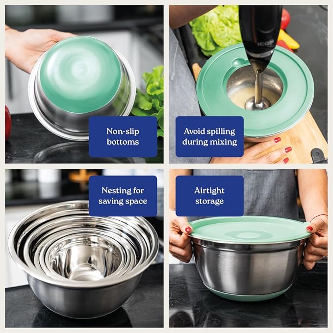 WHYSKO® Stainless Steel Mixing Bowls With Lids Plus Stainless Steel Whisk, Potato Masher and Grater Lids, 5 Nesting Mixing Bowls And Kitchen Tools for Meal Prep, Cooking, Baking, Serving, Food Storage