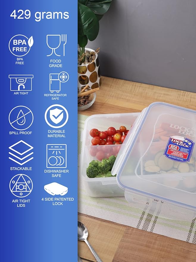 LOCK & LOCK Rectangular Food Container with Divider, Short, 16.2-Cup, 131-Fluid Ounces