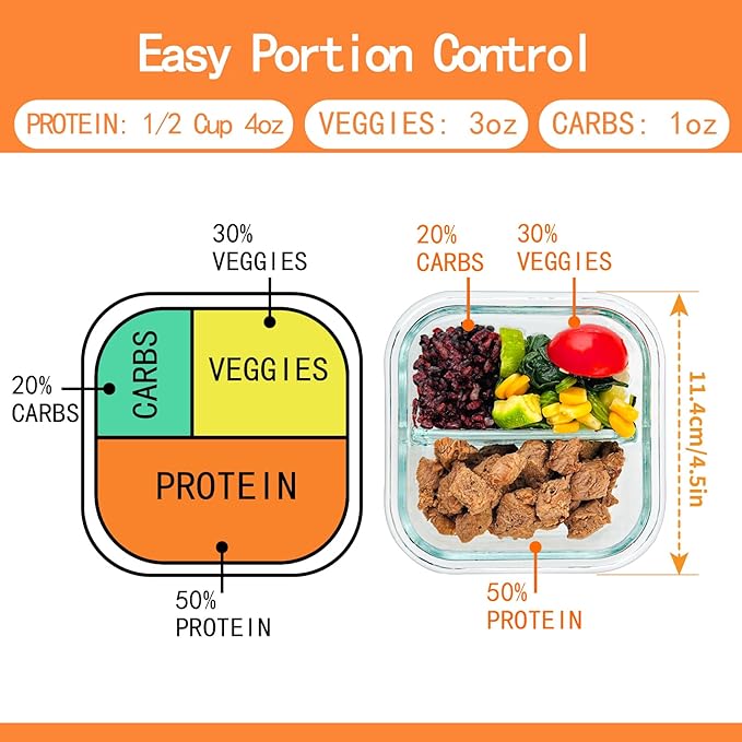 Bariatric Meal Prep Containers, Glass Bariatric Portion Control Containers with Two 4 oz Compartments (3 Pack), 8 oz Reusable Lunch Box Bento Box with Lids, Glass Snack Containers with Lids